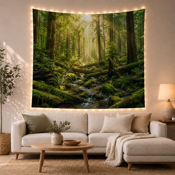 Forest Stream with Sun-Drenched Canopy, Serene Boho for Nature Lovers, Rustic Forest Art, Housewarming Gift, Tapestry Wall Hanging for Bedroom and Living Room