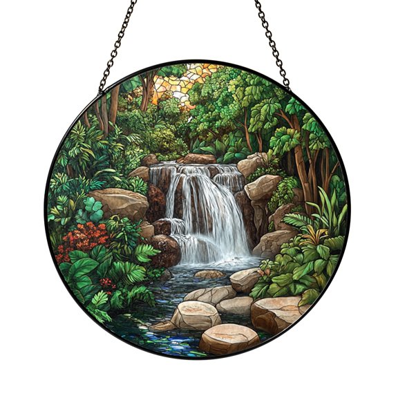 Forest Stream Waterfall Stained Glass Style Suncatcher Window Hanging, Nature Landscape Window Decor Ornament, Woodland River and Rocks Decorative Glass Art Panel, Scenic Window Accent