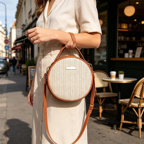 Forest Style Textured Woven Round Handbag, Crossbody Bag for Everyday Use, Natural Look with Adjustable Strap, Lightweight and Spacious, Great for Farmers Market or Picnic