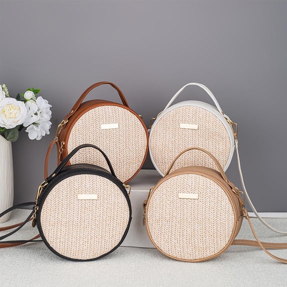 Forest Style Textured Woven Round Handbag Crossbody Bag • Fashion Straw Circle Purse • Boho Summer Shoulder Bag • Casual Travel Beach Resort Accessory