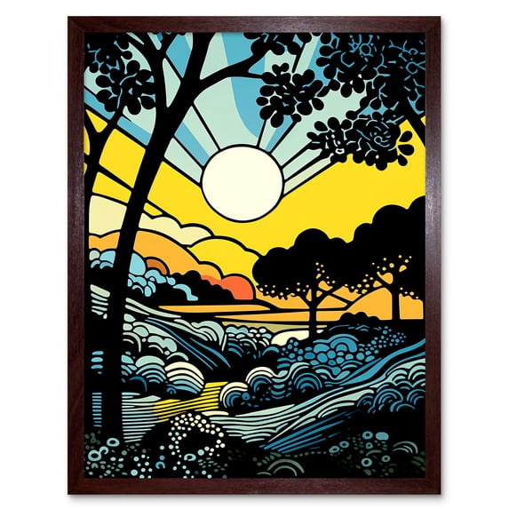 Forest Sunrise Landscape Sun Rays Patterns Blue Orange Pop Art Comic Book Halftone Art Print Framed Poster Wall Decor 12x16 inch