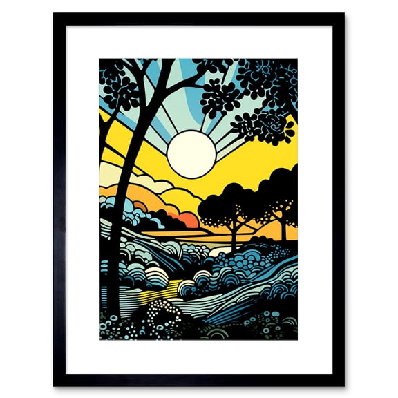 Forest Sunrise Landscape Sun Rays Patterns Blue Orange Pop Art Comic Book Halftone Artwork Framed Wall Art Print 9X7 Inch