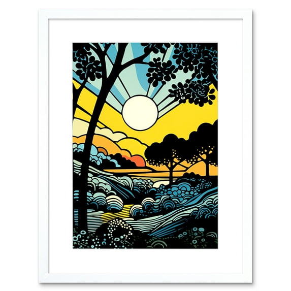 Forest Sunrise Landscape Sun Rays Patterns Blue Orange Pop Art Comic Book Halftone Artwork Framed Wall Art Print 9X7 Inch