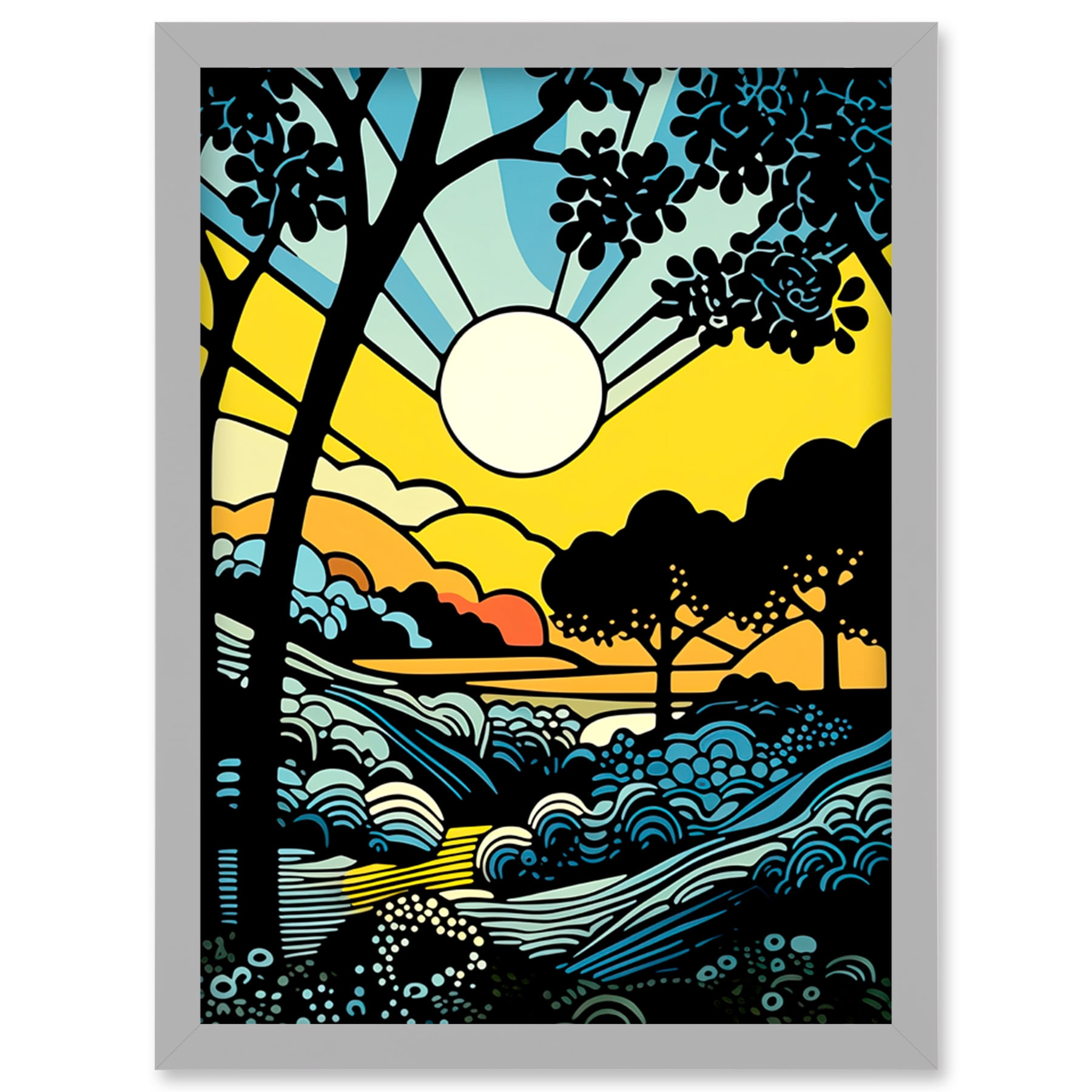Forest Sunrise Landscape Sun Rays Patterns Blue Orange Pop Art
