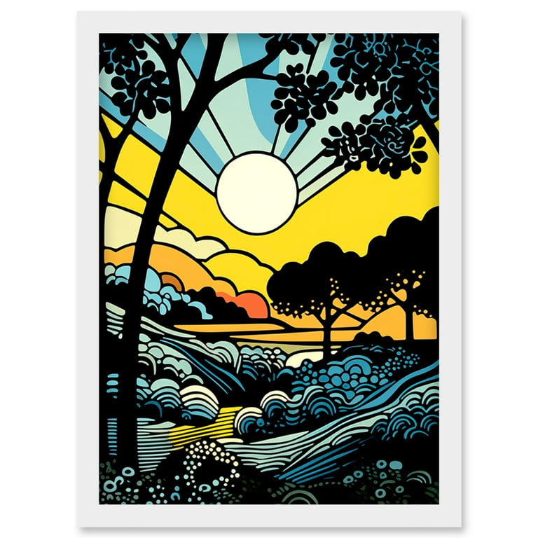 Forest Sunrise Landscape Sun Rays Patterns Blue Orange Pop Art
