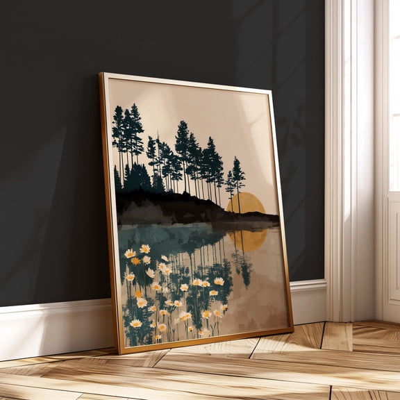 Forest Sunset Daisy Boho Floral Reflection Nature Landscape Art