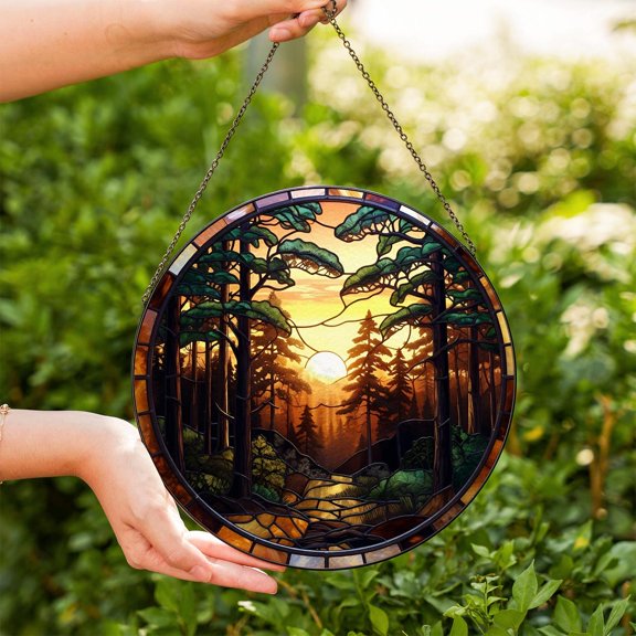 Forest Sunset Glass Suncatcher v2, Woodland Landscape Window Art, Nature Lover, 3.5 in