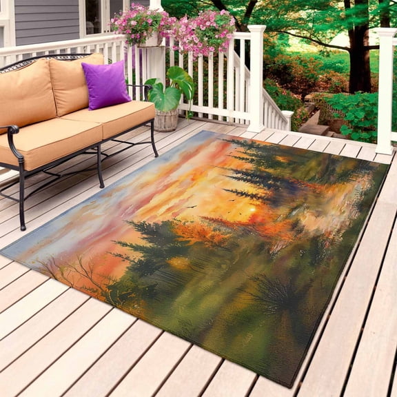 Forest Sunset Outdoor Rug for Patio/Deck/Porch, Non-Slip Large Area Rug 3 x 5 Ft, Farmhouse Orange Sky Nature Scenery Indoor Outdoor Rugs Washable Area Rugs, Reversible Camping Rug Carpet Runner