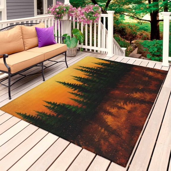 Forest Sunset Outdoor Rug for Patio/Deck/Porch, Non-Slip Large Area Rug 5 x 7 Ft, Farmhouse Trees Nature Autumn Landscape Indoor Outdoor Rugs Washable Area Rugs, Reversible Camping Rug Carpet Runner