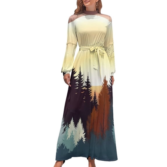 Forest Sunset Silhouette Women's Long Dress Long Sleeves Dress Vintage Dresses Party Maxi Dress High Waist Dress