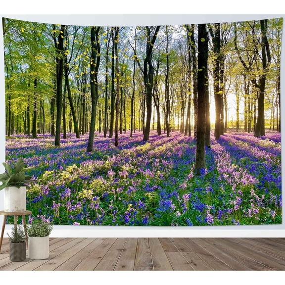 Forest Sunshine Tapestry Wall Hanging Spring Purple Lavender Morning Sunlight Through Green Trees Tapestry Nature Landscape Tapestries for Living Room Bedroom Aesthetic Decor, 40L x 60W Inches