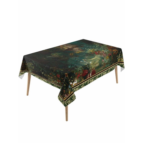 Forest Table Cloth, Waterproof Tablecloth for Rectangle Tables, Spring Oil Painting Country Cabin Trees Flower Reusable Washable Fabric Table Cover for Restaurant Kitchen Dining Tables 60"x120"