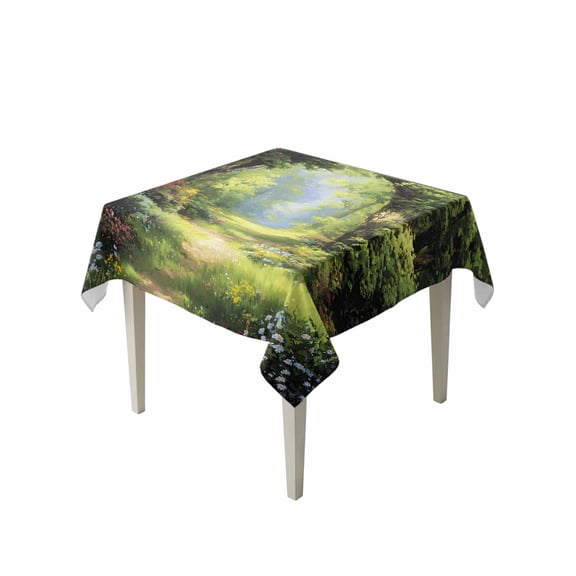Forest Table Cloth, Waterproof Tablecloth for Square Tables, Nature Woodland Spring Scenic Green Trees Flower Reusable Washable Fabric Table Cover for Restaurant Kitchen Dining Tables 54"x54"