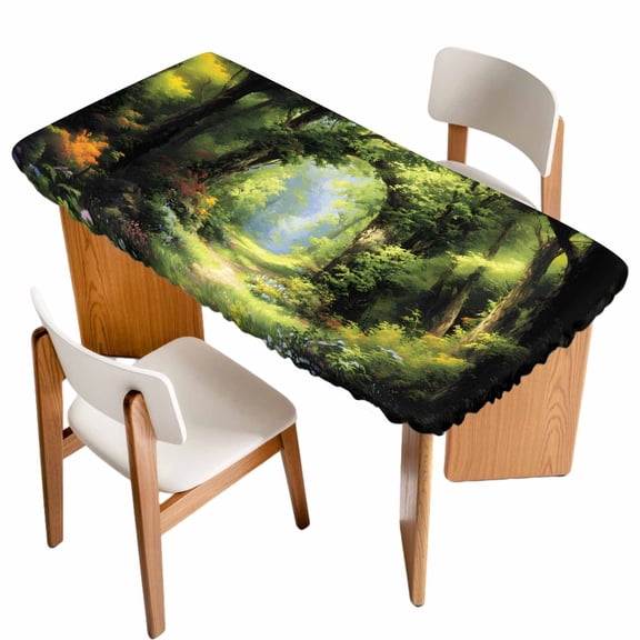 Forest Table Cloths for 3 Foot Rectangle Tables, Nature Woodland Spring Scenic Green Trees Flower Patio Waterproof Elastic Fitted Tablecloths, Washable Rectangular Table Cover for Camping