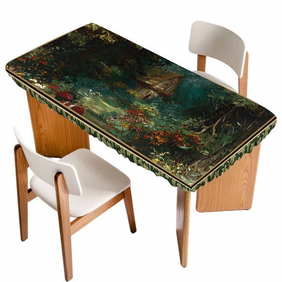 Forest Table Cloths for 4 Foot Rectangle Tables, Spring Oil Painting Country Cabin Trees Flower Patio Waterproof Elastic Fitted Tablecloths, Washable Rectangular Table Cover for Camping