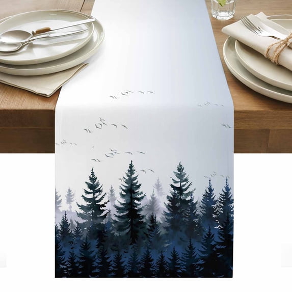 Forest Table Runner - 48 Inch Long, Kitchen Dining Table Runner Dresser Scarves, Dark Blue Fall Bird Vintage Farmhouse Tree Farmhouse Decor for Coffee Tables Wedding Party Banquet