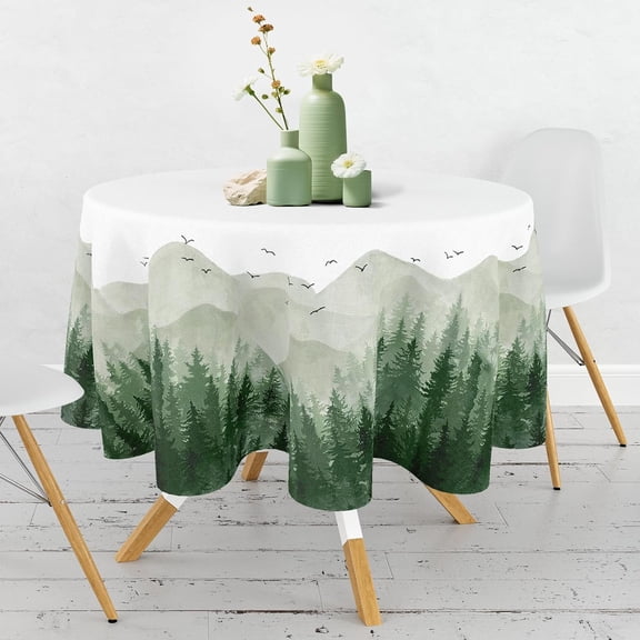 Forest Tablecloth Woodland Tree Table Cloth 60 x 60 Inch Round Green Table Cover for Holiday Party Picnic Home Kitchen Dining Decor