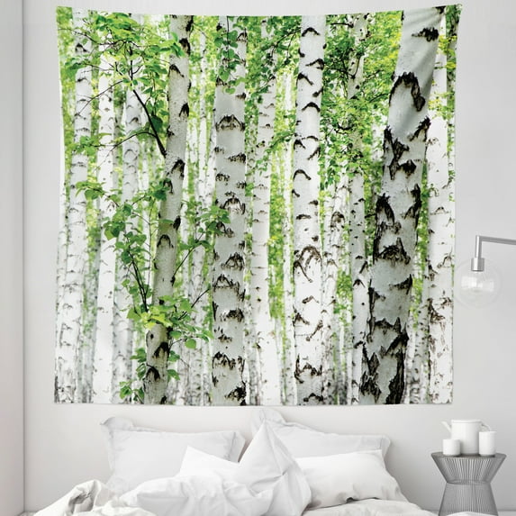 Forest Tapestry, Birch Trees in the Forest Summertime Wildlife Nature Outdoors Themed Picture, Fabric Wall Hanging Decor for Bedroom Living Room Dorm, 5 Sizes, White Green, by Ambesonne
