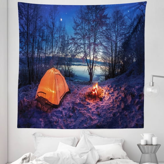 Forest Tapestry, Dark Night Camping Tent Photo in the Winter on the Snow Covered Lands by the Lake, Fabric Wall Hanging Decor for Bedroom Living Room Dorm, 5 Sizes, Blue Orange, by Ambesonne