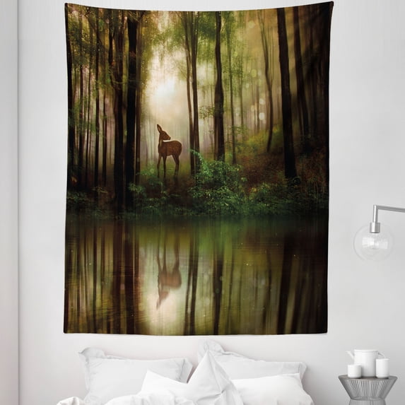 Forest Tapestry, Deer in the Forest Reflection on Lake Foggy Woodland Graphic, Fabric Wall Hanging Decor for Bedroom Living Room Dorm, 5 Sizes, Fern Green Brown Cocoa, by Ambesonne