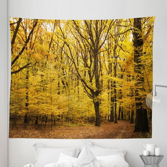 Forest Tapestry, Epic View Deep down in the Forest with Shady Leaves Rural Habitat Ecology Scene, Fabric Wall Hanging Decor for Bedroom Living Room Dorm, 5 Sizes, Yellow Brown, by Ambesonne