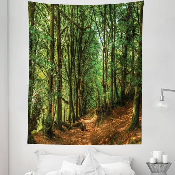 Forest Tapestry, Forest Scene Trees and Pathway Foliage Trunk Greenery Outdoor Picture, Fabric Wall Hanging Decor for Bedroom Living Room Dorm, 5 Sizes, Green Brown, by Ambesonne