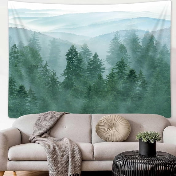 Forest Tapestry Green Tree Misty Mountain Tapestries Nature Scenery Wall Tapestry For Living Room Bedroom, 60X40IN