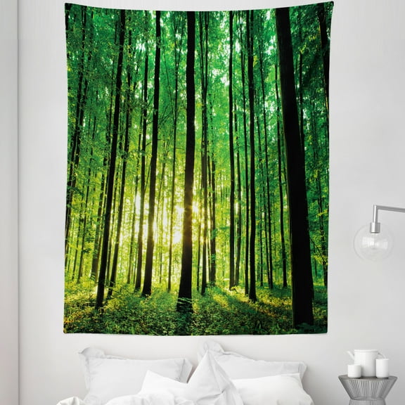Forest Tapestry, Green Woodland at Sunrise Scenic Morning Nature Environment Ecology Serenity, Fabric Wall Hanging Decor for Bedroom Living Room Dorm, 5 Sizes, Green Black Yellow, by Ambesonne