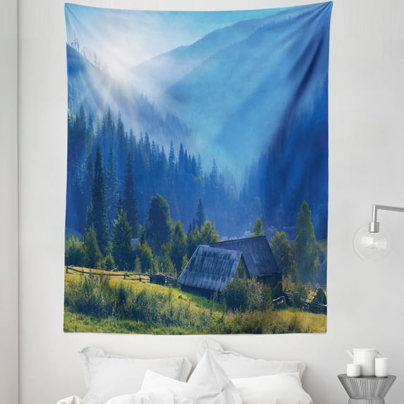 Forest Tapestry, Mountain Village Ukraine Rising Sun Pine Trees Forest Wooden House Nostalgic Photo, Fabric Wall Hanging Decor for Bedroom Living Room Dorm, 5 Sizes, Green Blue, by Ambesonne
