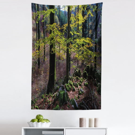 Forest Tapestry, Natural Scenery Trees Autumn Season in Woods Wilderness Rural Growth Eco Photo, Fabric Wall Hanging Decor for Bedroom Living Room Dorm, 5 Sizes, Green Pale Pink, by Ambesonne