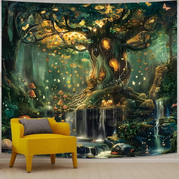 Forest Tapestry | Nature Green Wall Decor for Bedroom, Extra Large Tree of Life Tapestries, Fairy Landscape Living Room Decor, Fantasy Mystical Magical Backdrop Wall Hanging for Dorm