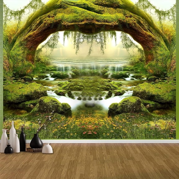 Forest Tapestry Nature Plant Tree Cave Wall Tapestry for Bedroom Aesthetic Green Misty Plant Bridge and River Landscape Tapestries Jungle Creek Wall Hanging for Living Room Decor 51in x 60in