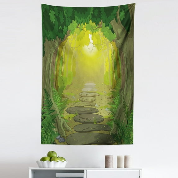 Forest Tapestry, Pathway with Trees and Ferns, Fabric Wall Hanging Decor for Bedroom Living Room Dorm, 5 Sizes, Fern Green Yellow, by Ambesonne