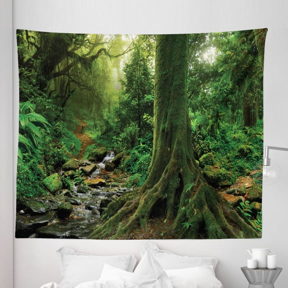 Forest Tapestry, Rain Woodland Scenery River in the North Forest in the Early Morning Humid Fog Print, Fabric Wall Hanging Decor for Bedroom Living Room Dorm, 5 Sizes, Green, by Ambesonne