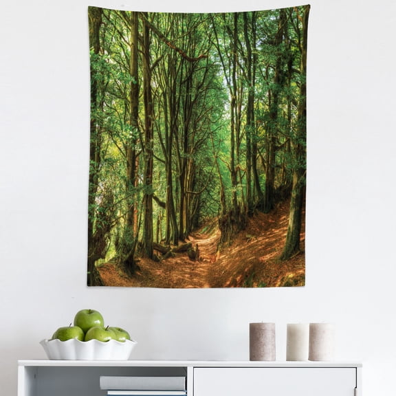 Forest Tapestry, Forest Scene Trees and Pathway Foliage Trunk Greenery Outdoor Picture, Fabric Wall Hanging Decor for Bedroom Living Room Dorm, 5 Sizes, Green Brown, by Ambesonne