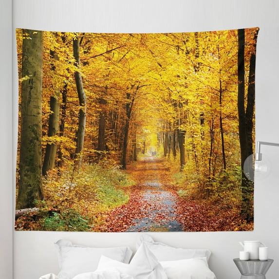 Forest Tapestry, Seasonal Foliage Leaves Bushes in Autumn Colors Countryside Pathway in Forest, Fabric Wall Hanging Decor for Bedroom Living Room Dorm, 5 Sizes, Yellow and Brown, by Ambesonne
