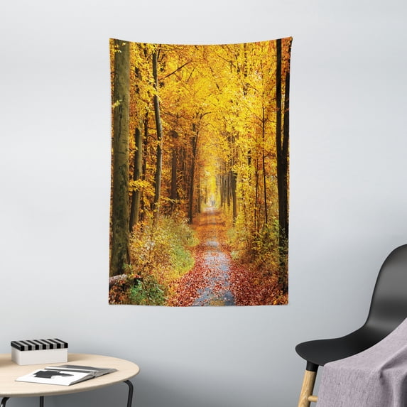 Forest Tapestry, Seasonal Foliage Leaves Bushes in Autumn Colors Countryside Pathway in Forest, Wall Hanging for Bedroom Living Room Dorm Decor, 40W X 60L Inches, Yellow Brown, by Ambesonne