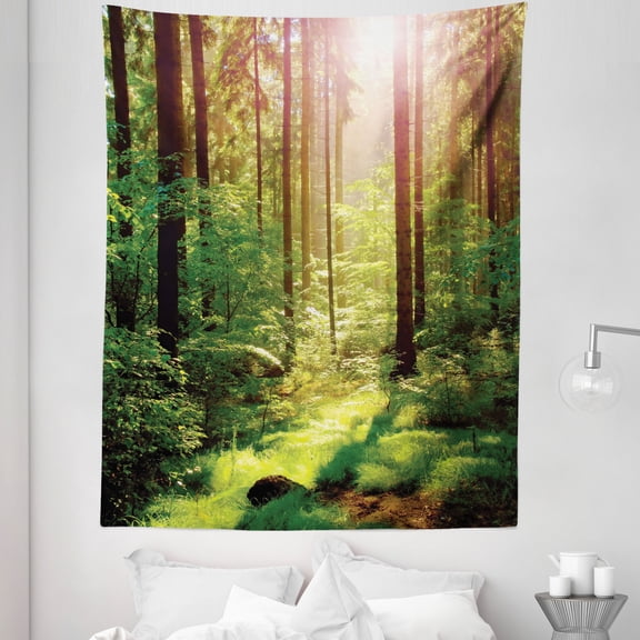 Forest Tapestry, Forest in Spring Time Sunset Moss Woods Leaf Wilderness Fantasy View Print, Fabric Wall Hanging Decor for Bedroom Living Room Dorm, 5 Sizes, Green Brown, by Ambesonne