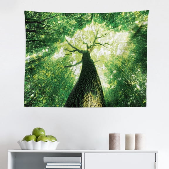 Forest Tapestry, Sun Through Tree Branch and Leaf Top Relaxing Peaceful Serene Environment Rural Design, Fabric Wall Hanging Decor for Bedroom Living Room Dorm, 2 Sizes, Green, by Ambesonne