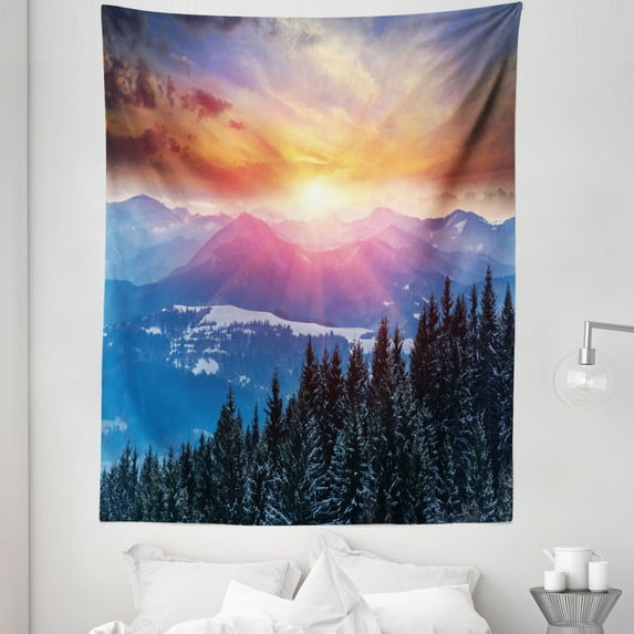 Forest Tapestry, Sunset in Mountains with Sky with Dawn Horizon Theme, Fabric Wall Hanging Decor for Bedroom Living Room Dorm, 5 Sizes, Orange Blue, by Ambesonne