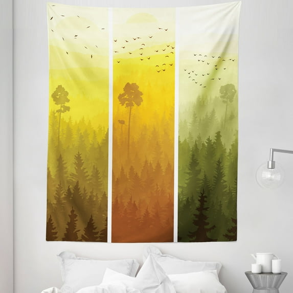 Forest Tapestry, Vertical Banners with Hills Trees and Birds Views from Rural Countryside, Fabric Wall Hanging Decor for Bedroom Living Room Dorm, 5 Sizes, Green Orange Yellow, by Ambesonne