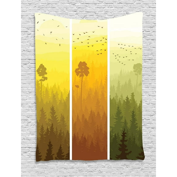 Forest Tapestry, Vertical Banners with Hills Trees and Birds Views from Rural Countryside, Wall Hanging for Bedroom Living Room Dorm Decor, 40W X 60L Inches, Green Orange Yellow, by Ambesonne