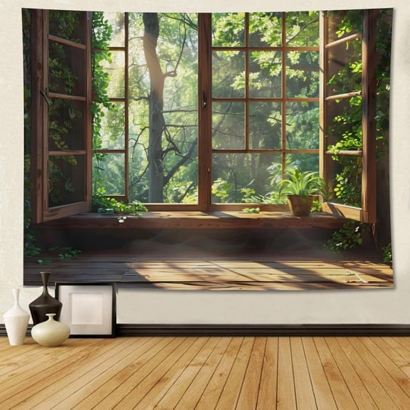 Forest Tapestry Wall Hanging Window Tapestry Window Scenery Wall Aesthetic Tapestry for Office Bedroom Wall Art Decor Nature Landscape Tapestry 60x90 Inch