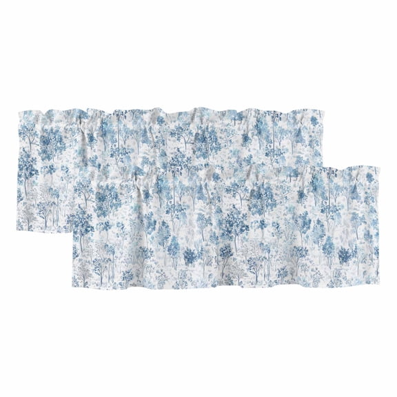 Forest Teal Blue Valances for Windows, Decorative Rod Pocket Window Valance Curtains, Watercolor Plants Maple Pine Tree Scenery Short Curtain Drapes for Kitchen/Living Room, 2 Panels, 60" W x 18" L