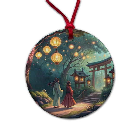 Forest Temple Entrance Torii Gate Fantasy Japanese Anime Style Christmas Tree Holiday Round Ceramic Ornament