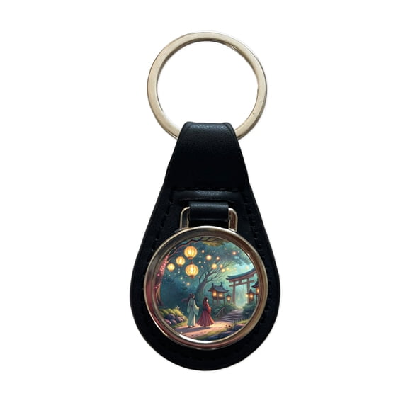 Forest Temple Entrance Torii Gate Fantasy Japanese Anime Style Metal Black Leather Keychain