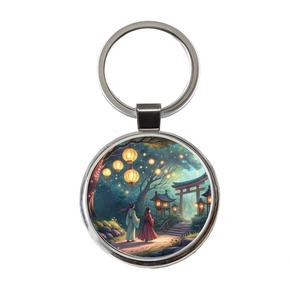 Forest Temple Entrance Torii Gate Fantasy Japanese Anime Style Metal Round Keychain