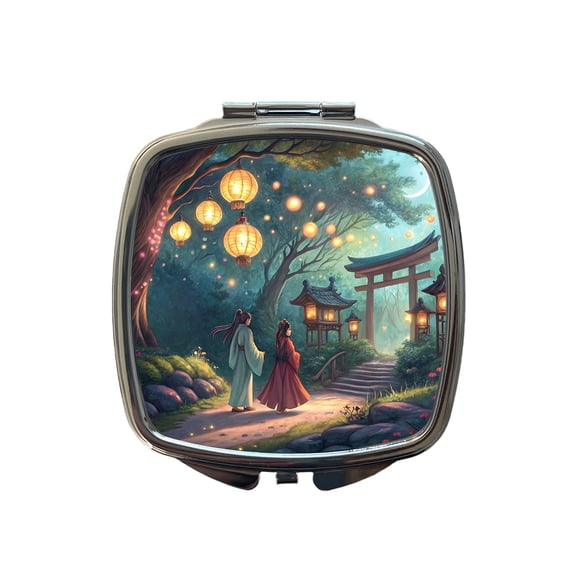 Forest Temple Entrance Torii Gate Fantasy Japanese Anime Style Travel Makeup Handbag Purse Small Pocket Compact Mirror