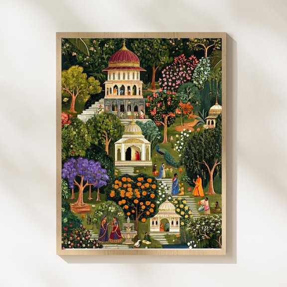 Forest Temple Wall Art Print, Rajasthani and Mughal Miniature Painting, Hindu God, Jungle Poster 8x12 UNFRAMED