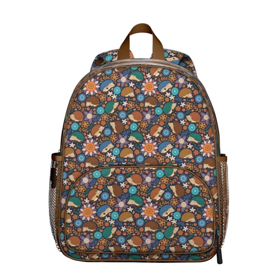 Forest Theme Student Backpack – Adorable Hedgehog Cartoon Print with Floral Night Tree Sky Design, Aesthetic and Lightweight for Elementary School